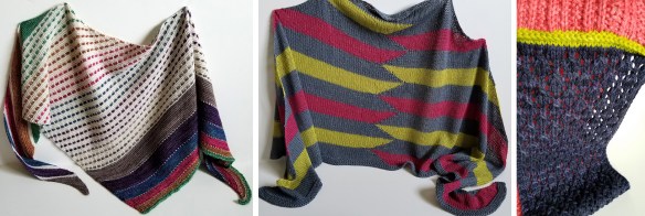 Photo of three knit projects: On the Spice Market, Metamorphosis Shawl, and Sugarloaf.